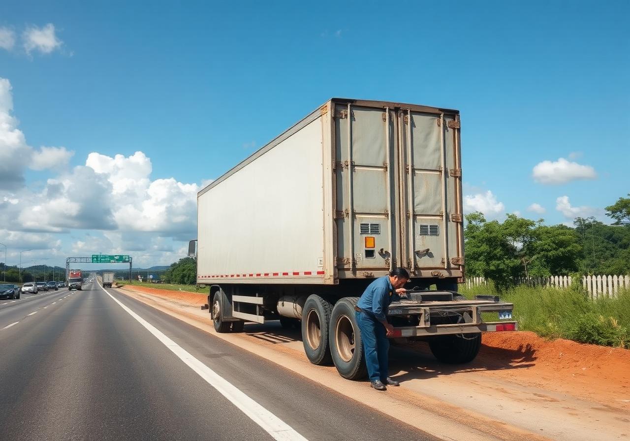 Caminhão parado na BR com pneu sendo trocado